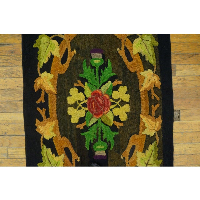 1930s Brown Floral Medallion Folk Art Antique American Hooked Rug 2'6" X 4'3" Wool Carpet For Sale - Image 4 of 5