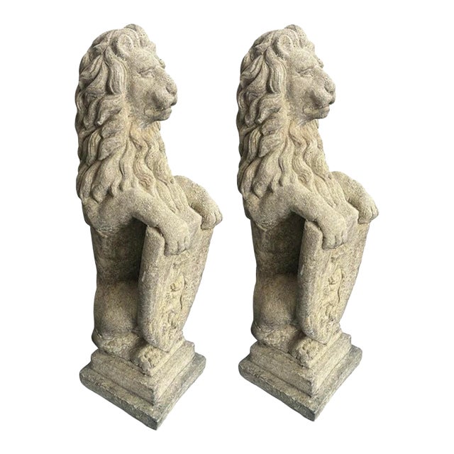 1990s Stately Pair of Cast Stone Seated Lion Statues With Heraldic Shields For Sale