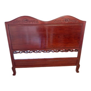 Vintage Chinese Carved Rosewood Full Size Headboard With Metal Bed Frame For Sale