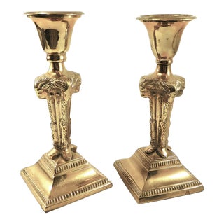 Vintage Ram Head Brass Candlesticks- a Pair For Sale