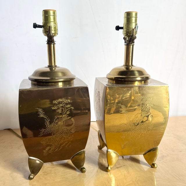 Vintage Chinoiserie Brass Engraved Tiger Table Lamps - A Pair For Sale - Image 4 of 11