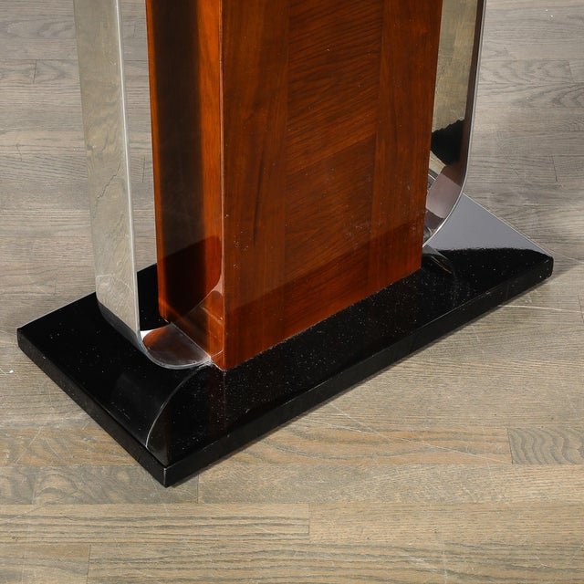 Art Deco Machine Age Console Table in Walnut, Lacquer & Banded Nickeled Supports For Sale - Image 10 of 12