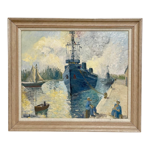 Hildegarde Hamilton, Oil Painting Harbor Scene with Naval Ships Sailors & Boats Hildegarde Hamilton