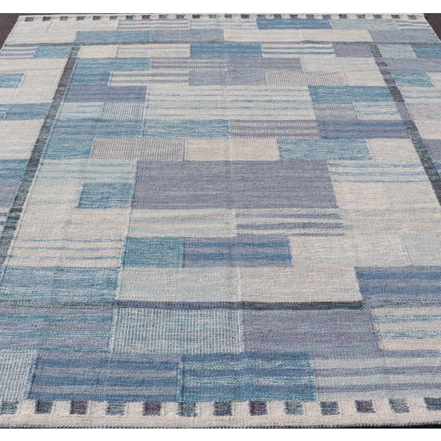Scandinavian Style Flat-Weave Rug With Modern Design in Gray, Black, and Blues 9'2 X 11'7 For Sale - Image 4 of 10