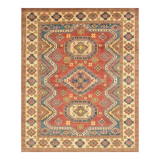 Kazak Rug 8' X 9'9'' Red Wool Tribal Geometric Hand-Knotted Oriental Carpet For Sale