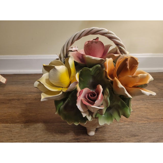 White Vintage Capodimonte Italy Porcelain Rose Flower Basket Crown N Original Tag For Sale - Image 8 of 10