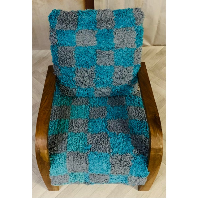 Handmade Moroccan Checkered Blue Turquoise and Gray Wool Chair For Sale - Image 6 of 10