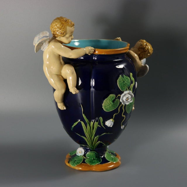 Blue Minton Majolica Cherubs Vase For Sale - Image 8 of 15