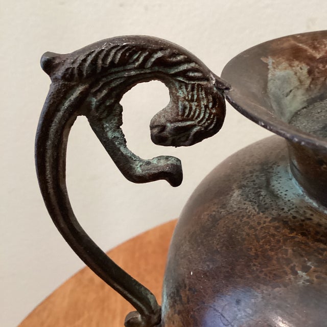 Mid 20th Century Vintage Roman Style Amphora Vase/Urn With Jaguar Ornate Handles Weathered Patina For Sale - Image 5 of 12