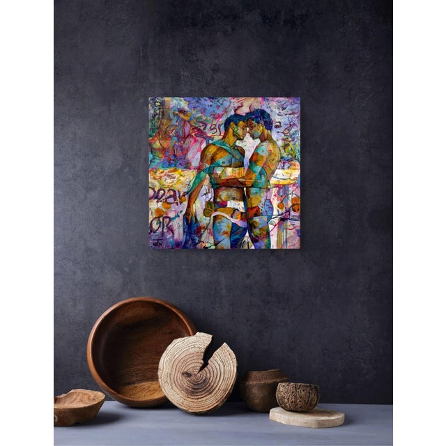 Honest Convergence by Jon Wassom | Mixed Media on Panel of two men embracing For Sale - Image 4 of 5