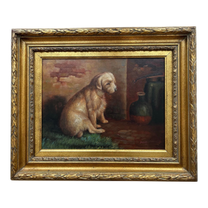 Late 20th Century Vintage Border Terrier Oil Painting Portait in Gilded Frame-Signed