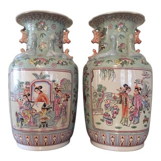 Large Maitlan-Smith Vintage Asian Hand Painted Vases 14.75" Tall - a Pair For Sale