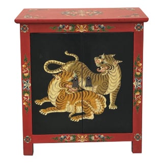 Tibetan Oriental Black Red Tigers Graphic End Table Nightstand For Sale