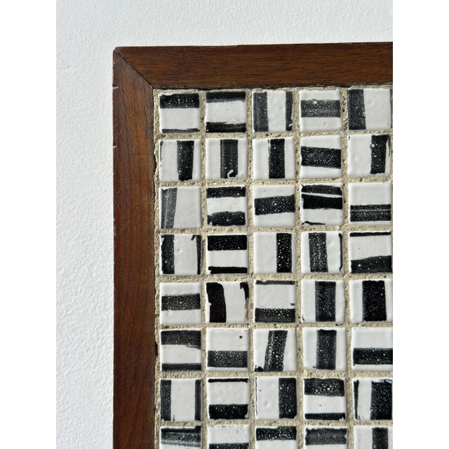 Vintage Black + White Glazed Ceramic Tile Artwork in Teak Frame, Circa 1950s For Sale - Image 10 of 14