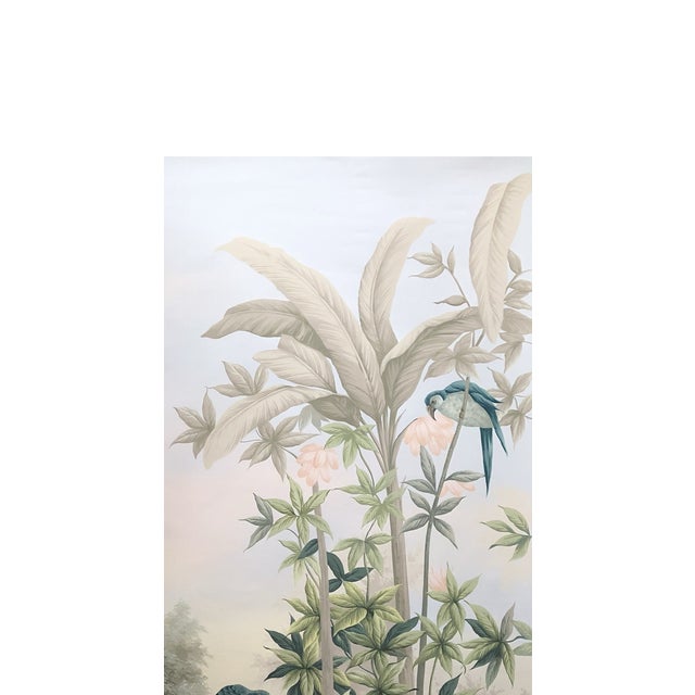 36" * H96" * 2ps, Hand-Painted Morandi Misty Classical Garden Tropical Bird & Foliage Wall Mural, Neoclassical Tropical Landscape Mural For Sale - Image 4 of 5