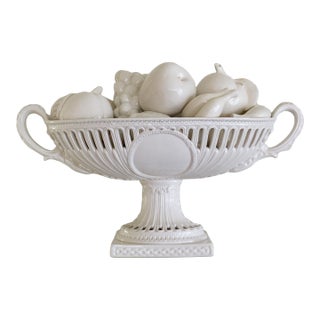White Italian Footed Pedestal Fruit Bowl With Ceramic Fruits Centerpiece For Sale