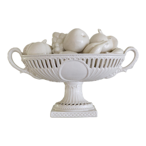White Italian Footed Pedestal Fruit Bowl With Ceramic Fruits Centerpiece