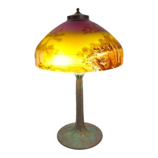Antique Arts & Crafts Phoenix Reverse Painted Table Lamp / Landscape Scene, C1920 For Sale