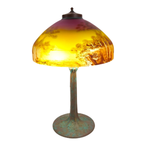 Antique Arts & Crafts Phoenix Reverse Painted Table Lamp / Landscape Scene, C1920
