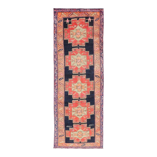 Long Hand-Knotted Antique Persian Azerbaijan Runner in Wool With Medallions 3'10 X 11'2 For Sale
