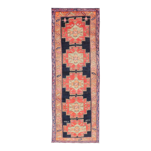 Long Hand-Knotted Antique Persian Azerbaijan Runner in Wool With Medallions 3'10 X 11'2