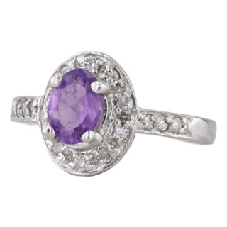 0.84ctw Oval Amethyst Diamond Halo Ring 14k White Gold Size 6.5 For Sale