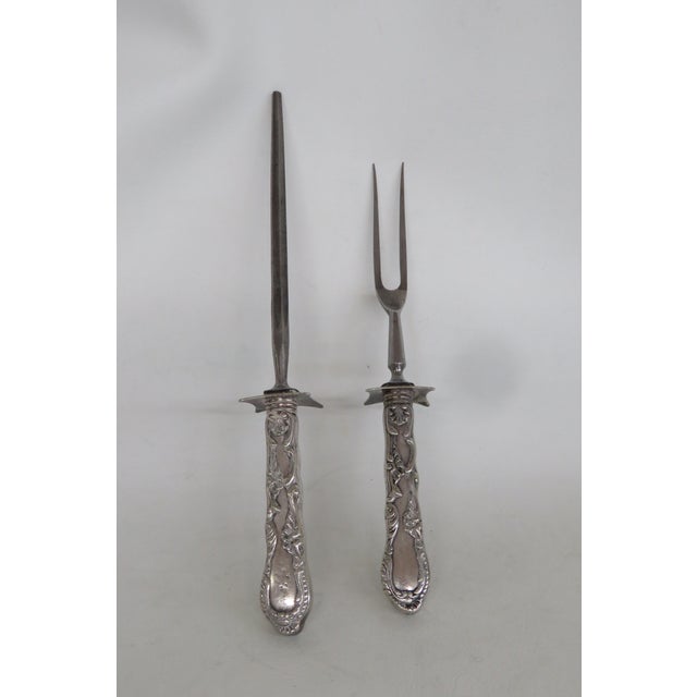 Rococo Early 20th Century Gorham Roast Fork and Sharpener Silver Plate 2 pcs For Sale - Image 3 of 12
