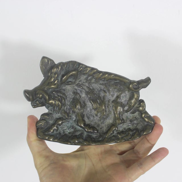 This is a vintage cast bronze wild boar dish. Could be used as an ashtray, ring dish or to hold keys or business cards....