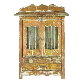 Display Cabinet in Patinated Solid Wood with 2 Drawers For Sale