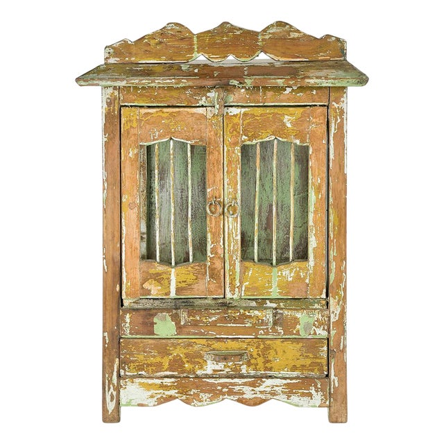 Display Cabinet in Patinated Solid Wood with 2 Drawers For Sale