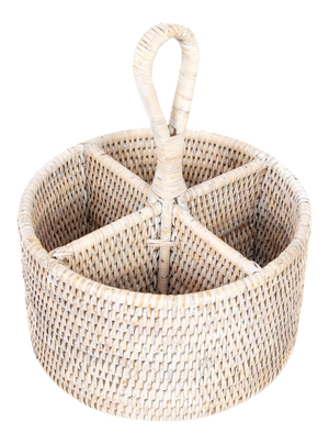 Artifacts Rattan Round 4 section Caddy/Cutlery Holder in White Wash