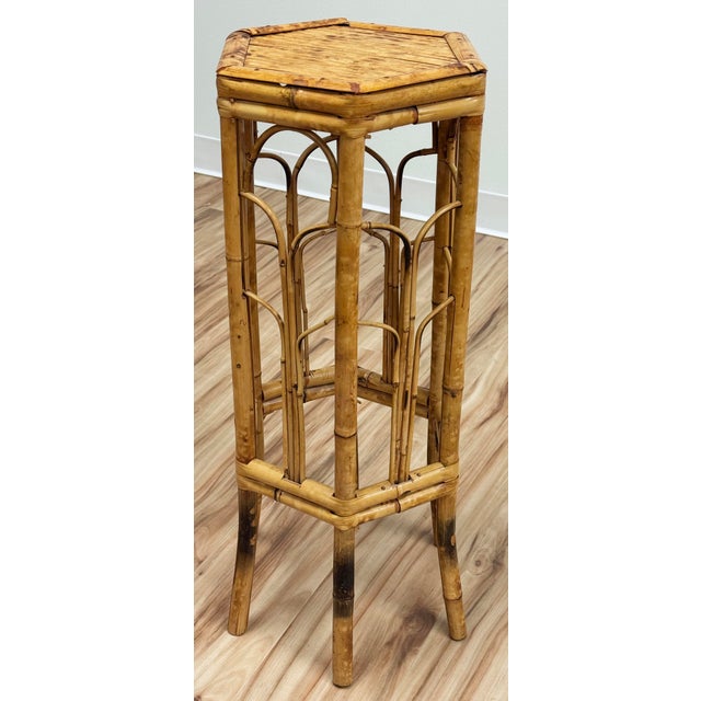 Mid 20th Century Vintage Tall Hexagonal Scorched Bamboo Plant Stand For Sale - Image 5 of 11