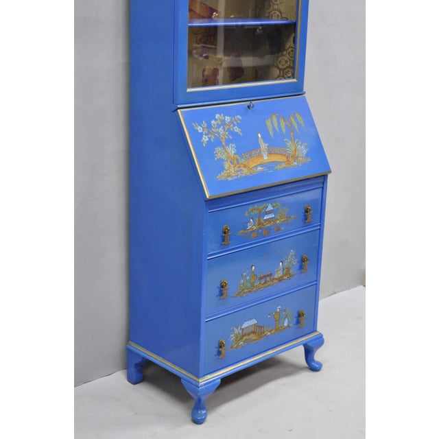 Vintage Chinoiserie Blue Hand Painted Gold Gilt Narrow Bookcase Secretary Desk For Sale - Image 15 of 18