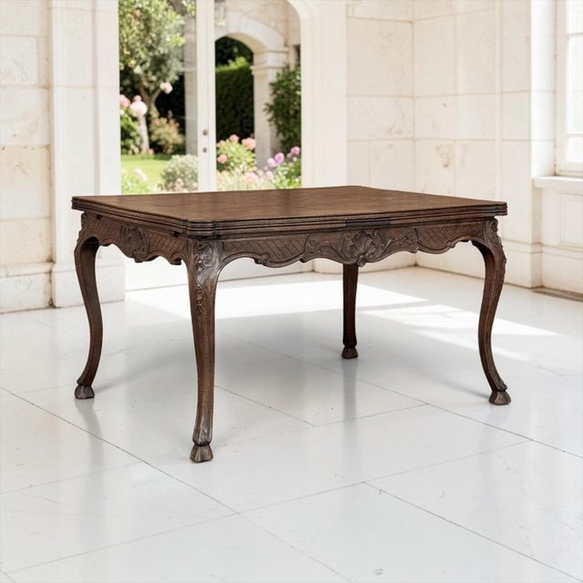 French Country Antique Liegeois Regence Style Carved Oak Parquet Draw Leaf Dining Table For Sale - Image 3 of 18