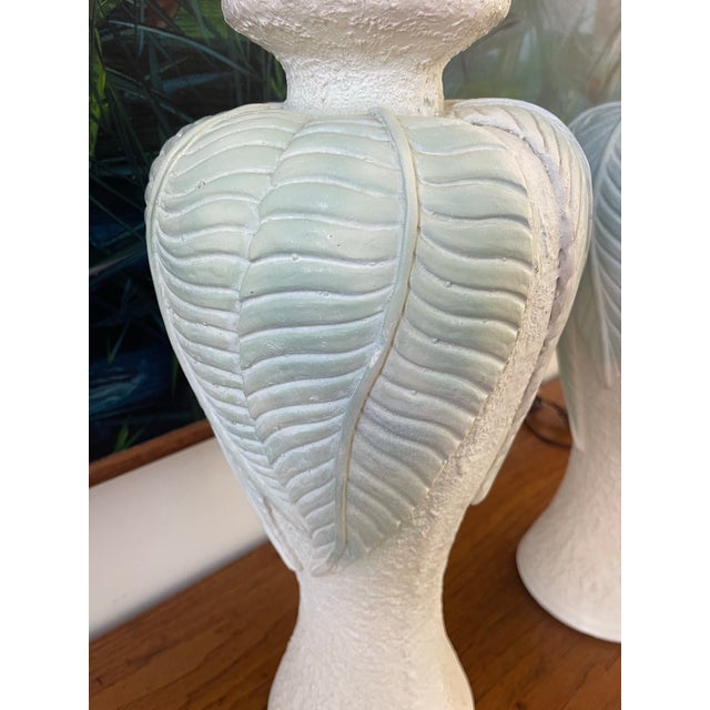 Vintage Sculptural Plaster Leaf Relief Table Lamps, Textured White Organic Modern Hollywood Regency 23.5” - A Pair For Sale - Image 12 of 12