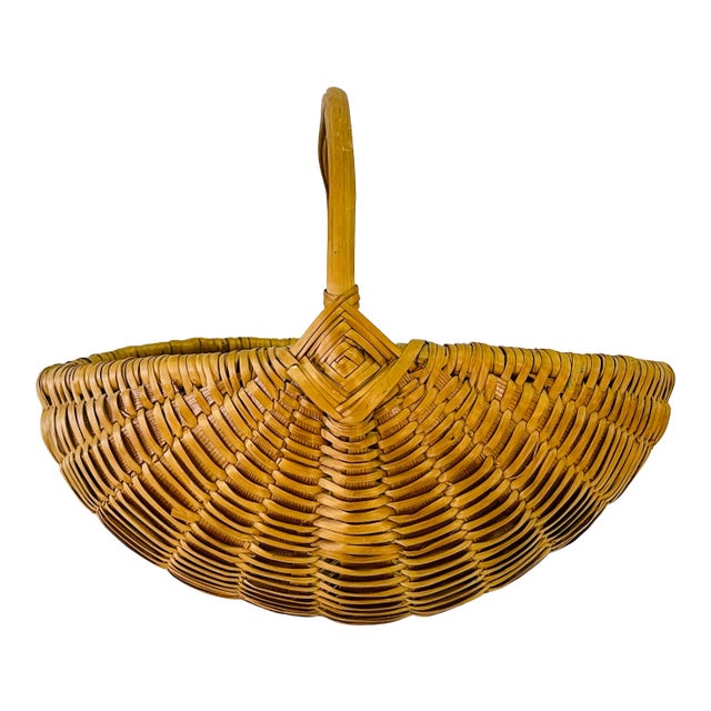 Vintage Rounded Wicker Handled Basket For Sale