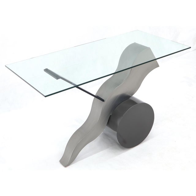 Forged metal base console sofa table. Two different shades of metal "interlock" to form an X-like shape base.