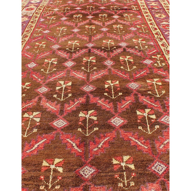 Mid 20th Century Vintage Turkish Oushak Gallery Runner With Deep Chestnut and Soft Red 4'5 X 9'9 For Sale - Image 5 of 8