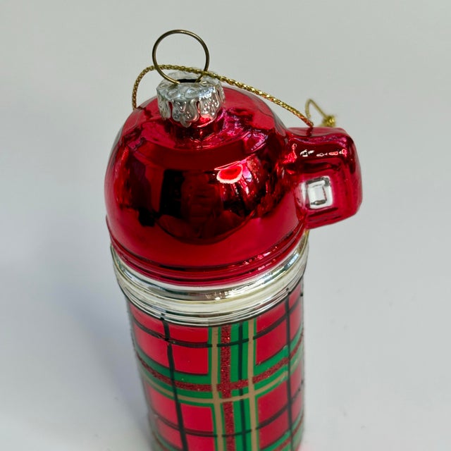Glass Retro Plaid Thermos Glass Christmas Ornament For Sale - Image 7 of 8