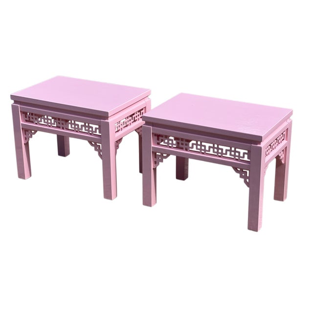 Pink painted vintage pair of benches featuring an Intricate fretwork apron. Super sturdy/heavy set. *Gordon’s manufacturer...
