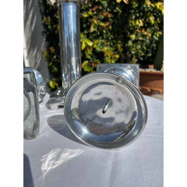 Metal Set of Three Vintage Pewter Silver Candle Holders For Sale - Image 7 of 12