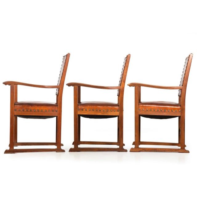 Set of Six French Oak and Stitched Leather Chairs For Sale - Image 4 of 12