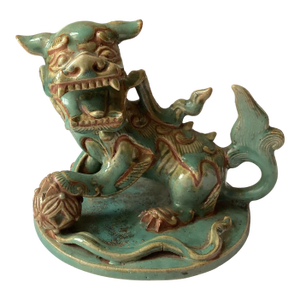 Antique Glazed Stoneware Foo Dog With Impressed Marking – Likely Chinese or Japanese Origin