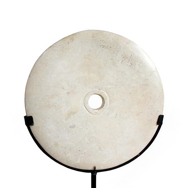 Cream Hand-Carved Indonesian Marble Disk on Stand, 10 Inches For Sale - Image 8 of 15