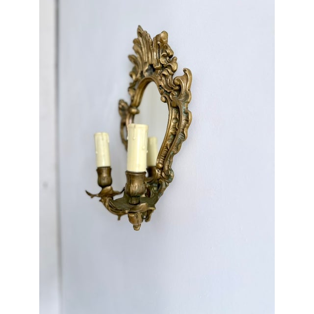 Mid-Century French Rococo Revival Brass Wall Mirror Sconce, 1950s For Sale - Image 11 of 16