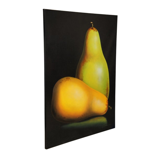 Vintage 1999 large scale oil on canvas painting of a pair of pears, done with intense chiaroscuro. Chiaroscuro in art, is...