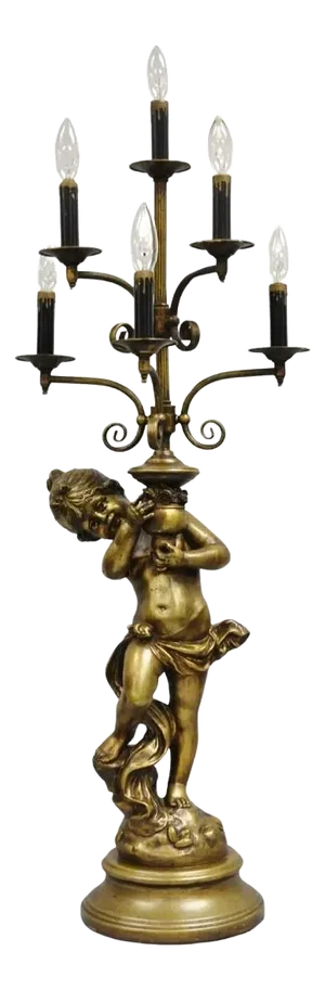Vintage French Renaissance Metal Figural Girl Cherub Putti Candelabra Table Lamp