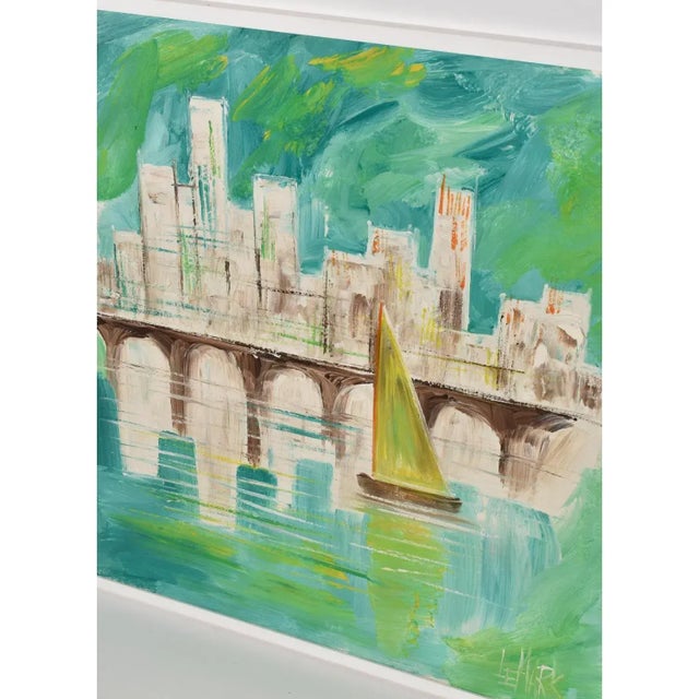 1960s LeMark Mid-Century Modern Aqua Blue White and Green Nautical Harbor Painting For Sale - Image 5 of 10