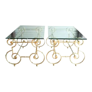 Vintage Gold Metal Faux Bamboo Swirl Iron Palm Beach Regency Side Tables- a Pair
