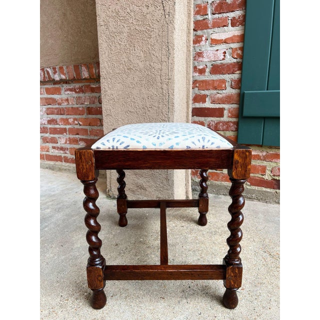 Antique English Oak Barley Twist Stool Bench Jacobean Revival Upholstered C1910 For Sale - Image 9 of 18